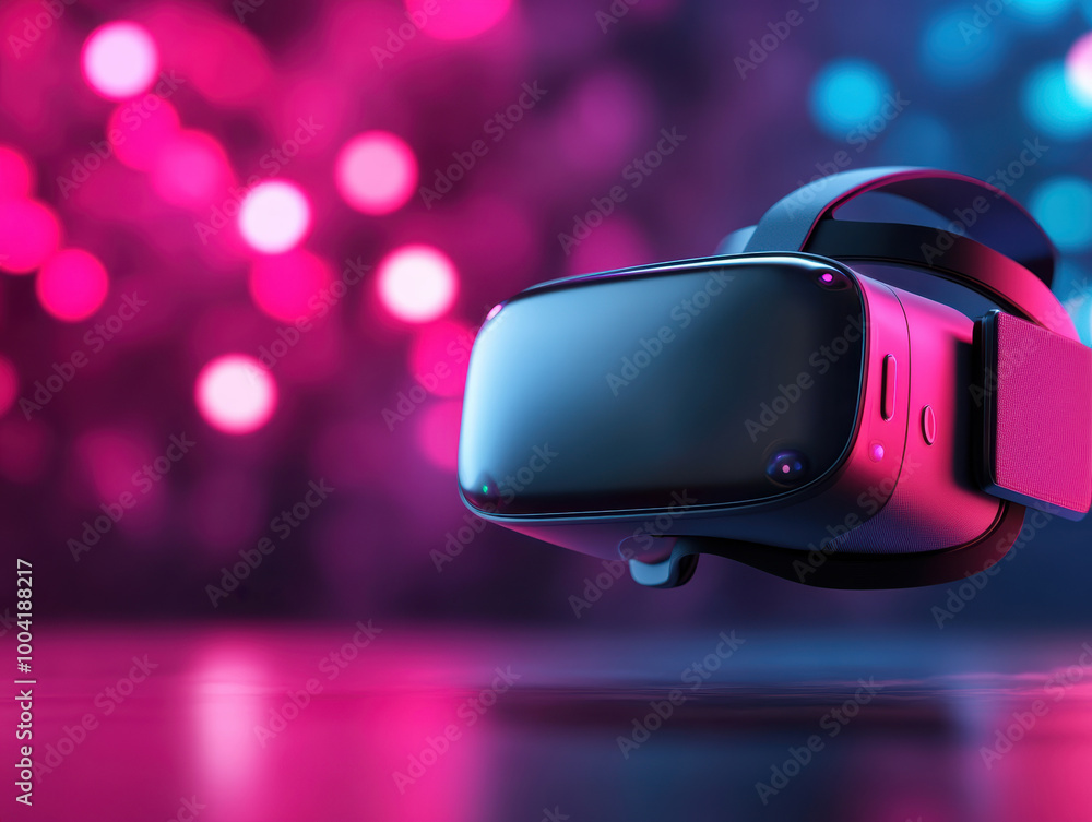 Poster modern virtual reality headset with colorful bokeh lights in the background, showcasing advanced tec