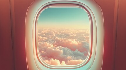 Fototapeta premium View from an airplane window template, capturing both the interior cabin and the scenic outside view of clouds.