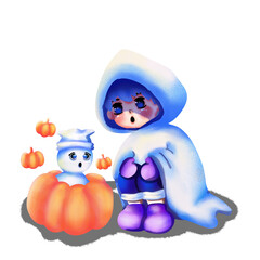 Obraz premium A little boy is shocked by a mischievous little ghost emerging from a pumpkin.