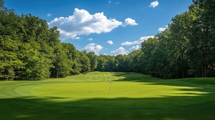 Obraz premium Wide view of a green golf field surrounded by lush woods, with the flag marking the hole in the distance under a blue sky.