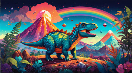 Cartoon dinosaur in a multicolored rainbow fairytale landscape.