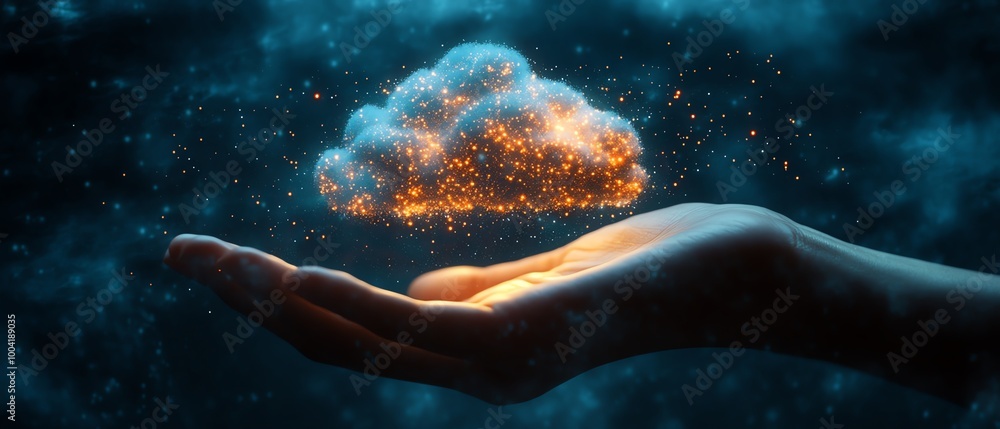 Poster persons hand with a virtual cloud, showing how digital transformation is advancing as businesses emb
