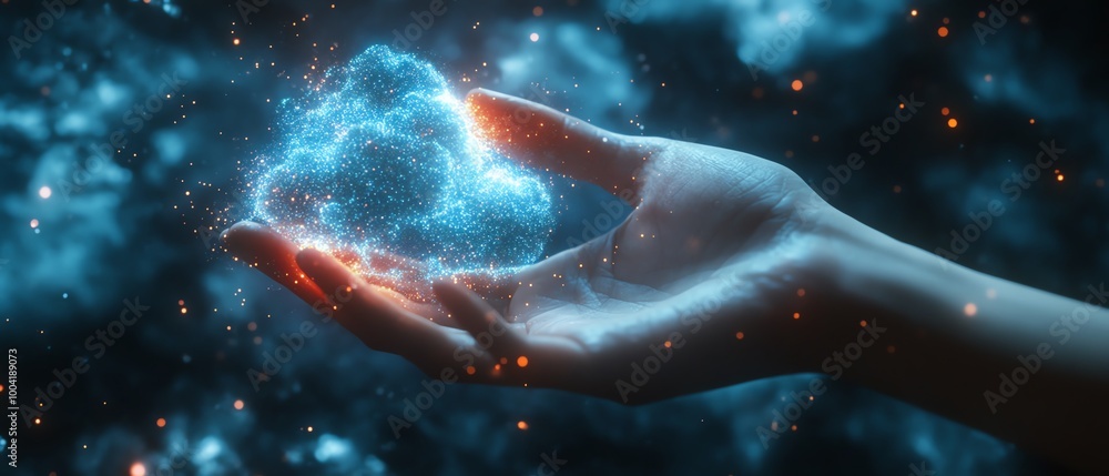 Poster persons hand with a virtual cloud, showing how digital transformation is advancing as businesses emb
