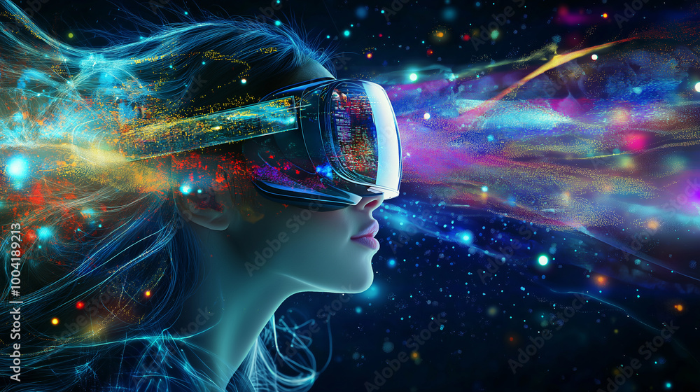 Poster girl in hi-tech vr glasses with elements of artificial intelligence. background in a high-tech style
