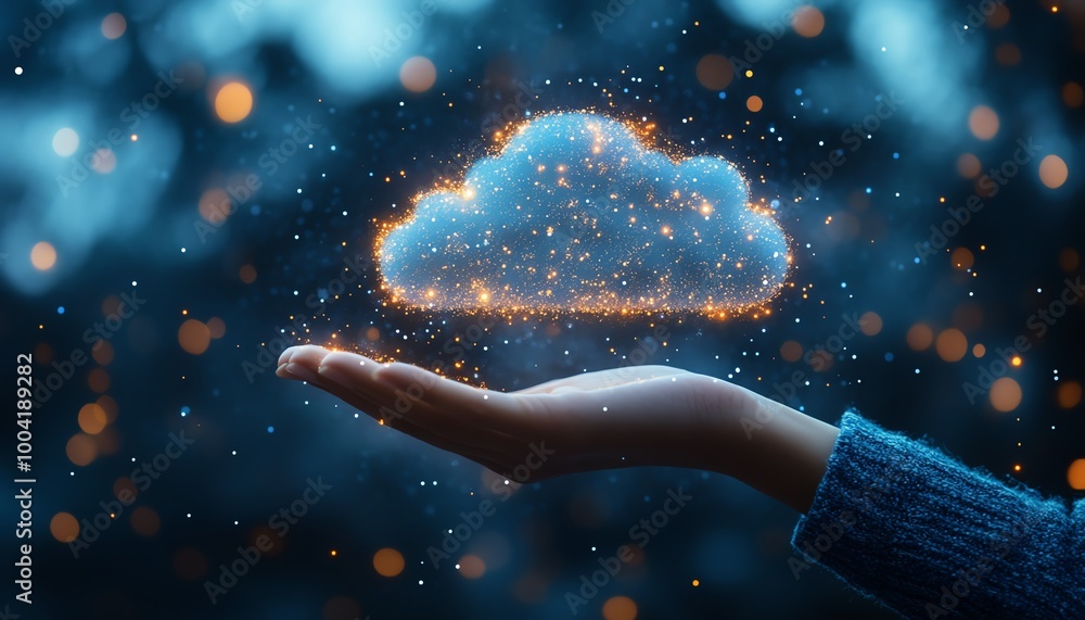 Leinwandbilder representation of digital transformation with a person s hand holding a virtual cloud, emphasizing t