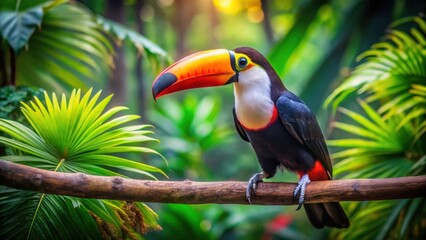 Obraz premium Colorful Toucan Perched on Branch in Tropical Setting with Vibrant Background