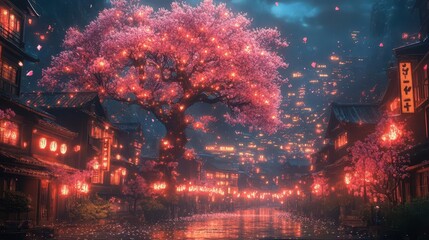 Fototapeta premium fantasy night cityscape featuring glowing neon lights illuminating modern residential buildings and a majestic sakura tree creating an enchanting urban fantasy environment filled with wonder