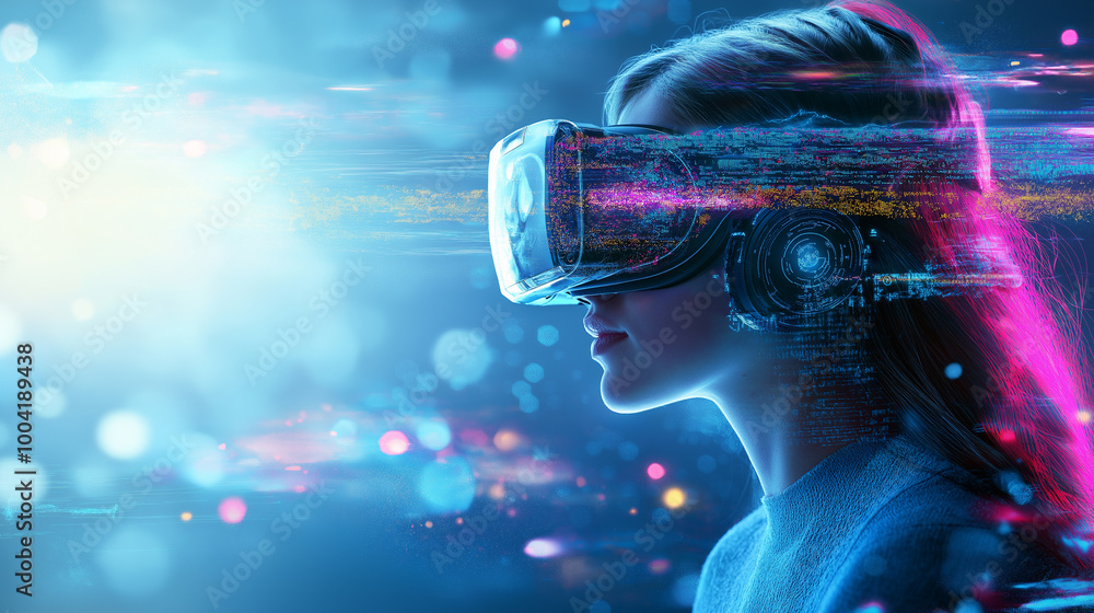 Poster girl in hi-tech vr glasses with elements of artificial intelligence. background in a high-tech style