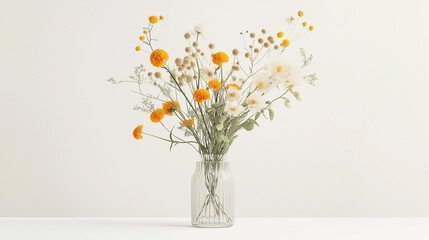 A bouquet of white and yellow flowers in a glass vase on a white surface.