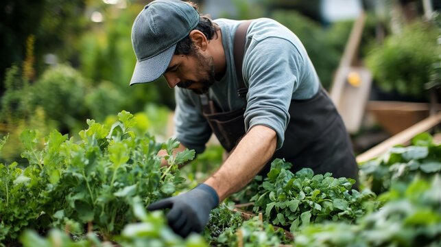 Gardener tending to plants in a lush garden - Powered by Adobe