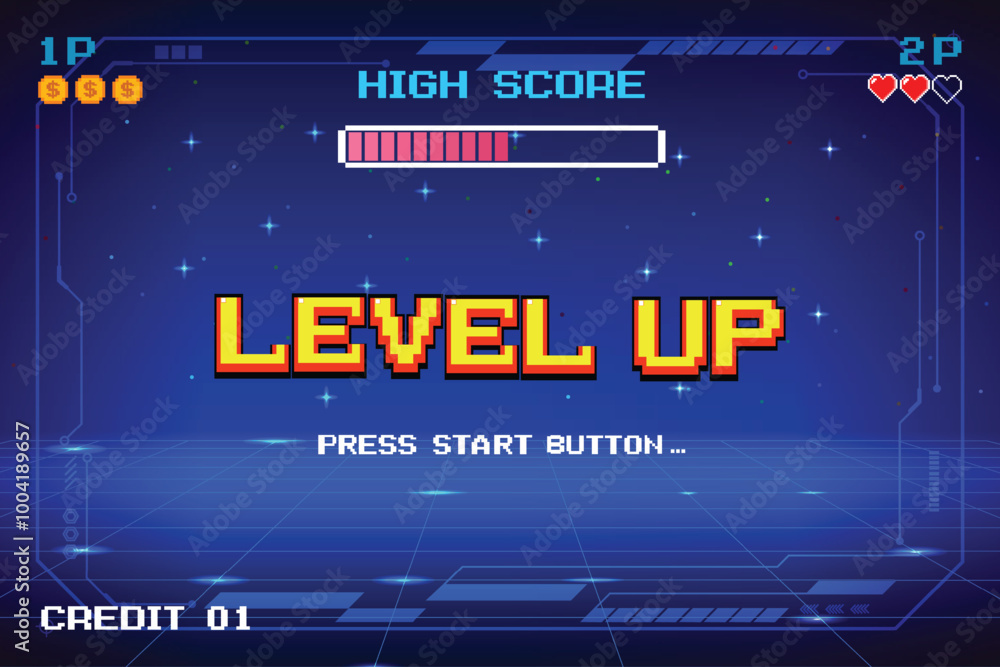 Fototapete level up. press start button. pixel art .8 bit game. retro game. for game assets .retro futurism sci