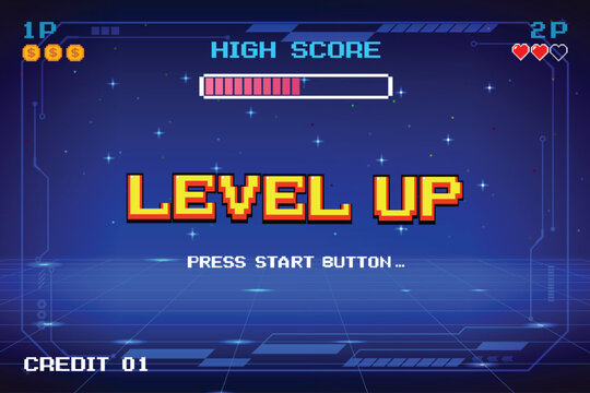 LEVEL UP. press start button. pixel art .8 bit game. retro game. for game assets .Retro Futurism Sci-Fi Background. glowing neon grid. and stars from vintage arcade computer games