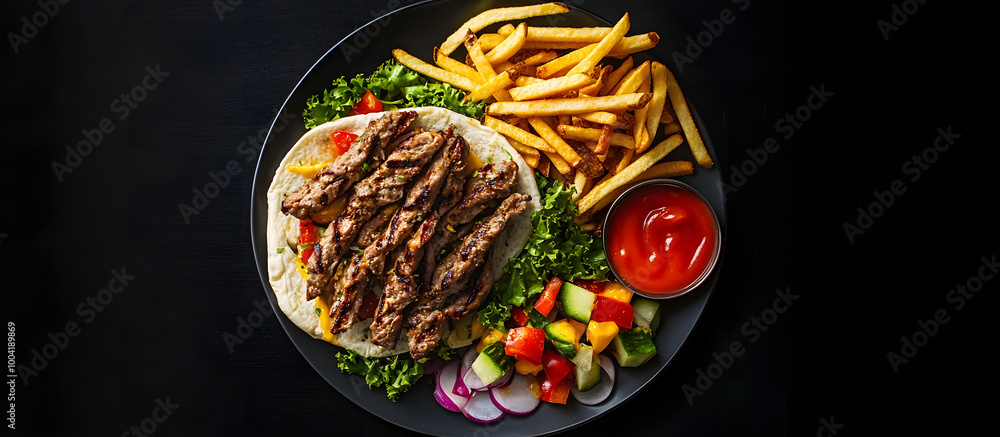 Poster top down view of doner kebab or gyros served on a plate with fries veggies and salad on a black back