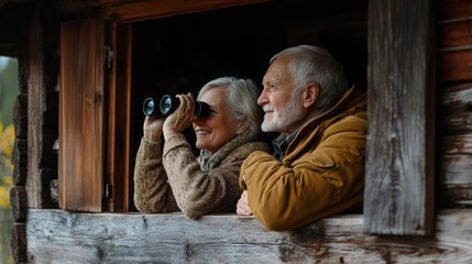 An elderly couple enjoys time together, observing nature through binoculars from a cozy wooden cabin window.