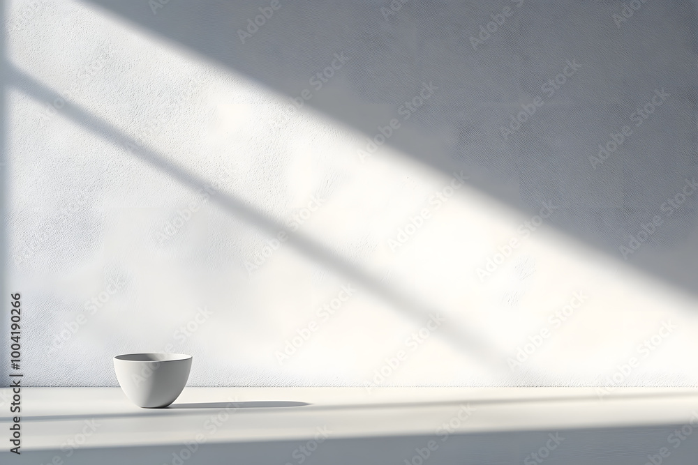 Poster soft light and shadows on background with white wall and tabletop early in morning in minimalist spa