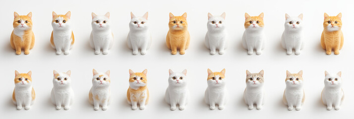 A row of adorable cats in white and orange. 