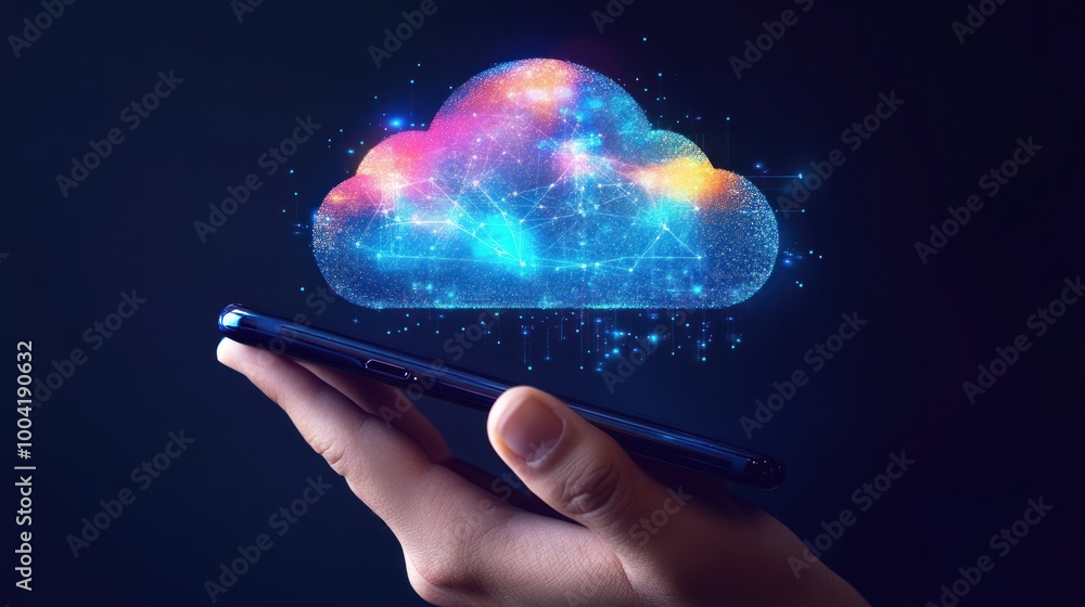 Poster a hand holding a smartphone with a colorful cloud symbolizing data storage above it.