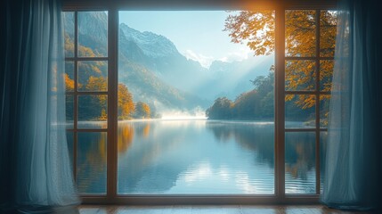 Serene mountain view through a window with autumn foliage.