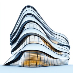 Modern scientific research facility exterior, futuristic architecture, sleek glass and steel, isolated on white background