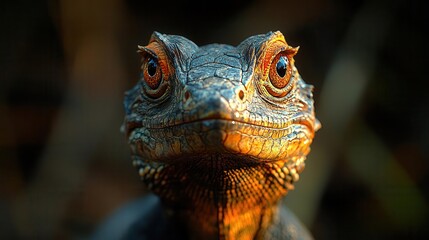 Fototapeta premium fierce reptile lurking in a shadowy forest its scales glistening under the faint light capturing the untamed essence of nature