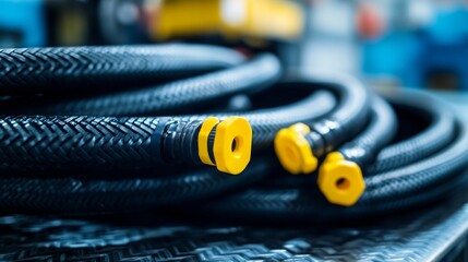 A bundle of new high-pressure hydraulic hoses with yellow plugs, resting on a metal table, indicating industrial equipment. 