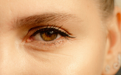 Obraz premium Close-up of woman's eye with natural makeup and intricate details