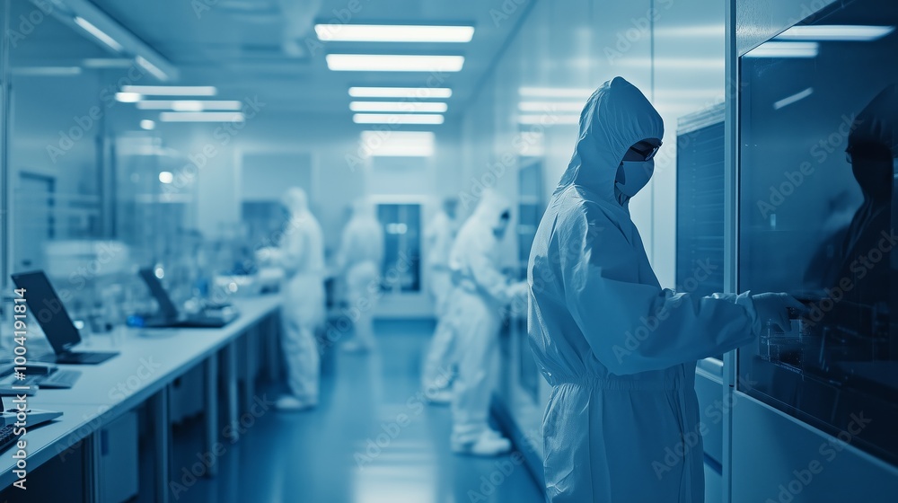 Aufkleber researchers in laboratory coats work on experiments in a modern lab equipped with advanced technolog