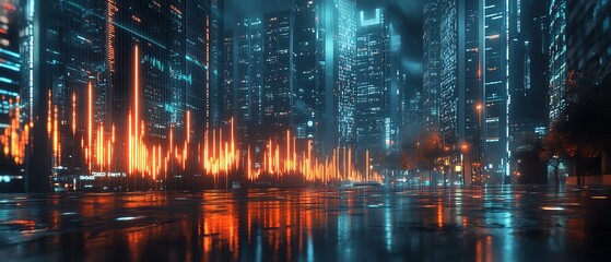 Stock market bar chart set against a modern city business center, highlighting finance investment and trading concepts