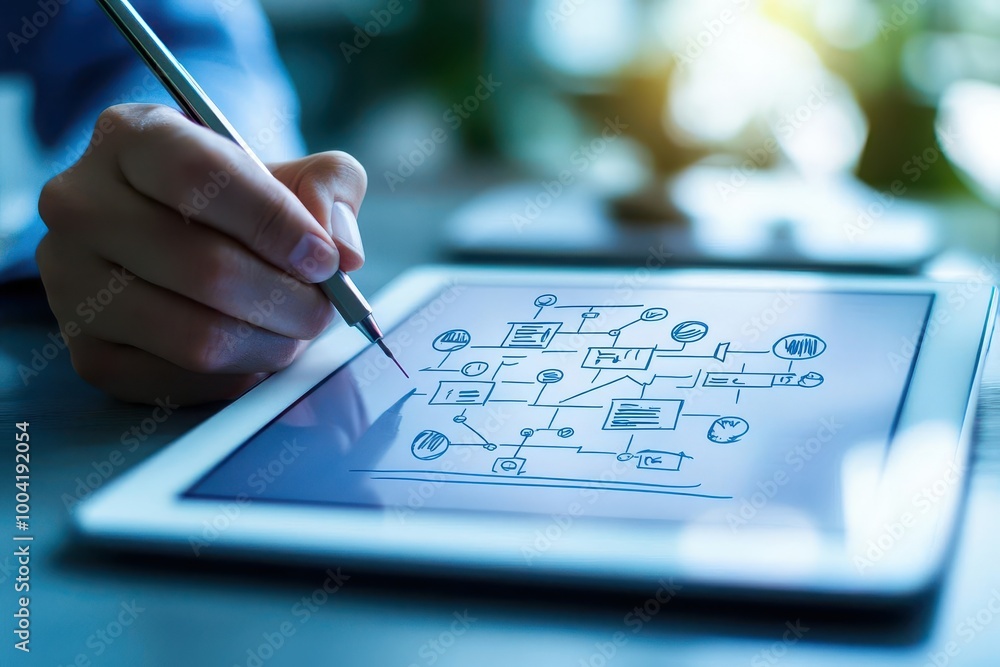 Poster closeup of a consultant s hand drawing a flowchart on a tablet screen, tablet flowchart, business st