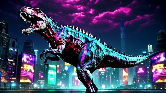 T rex growls powerfully as it prowls through a futuristic city at night surrounded by vibrant lights and towering skyscrapers
