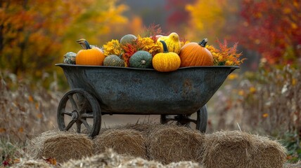 Autumnal Pumpkins and Gourds in a Rustic Wheelbarrow