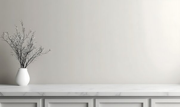  White kitchen tabletop for product presentation. Empty marble countertop. Minimalistic mockup for restaurant or beauty ad design. 