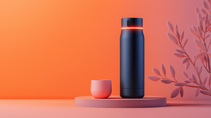 A black water bottle with a red light on the top sits on a pink platform with a pink cup. 