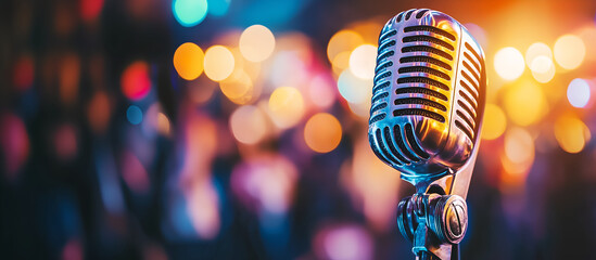 Vintage Microphone Illuminated by Colorful Concert Lights