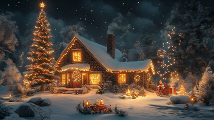 A Cozy Winter Cabin Adorned With Christmas Lights and Santas Sleigh in a Snowy Landscape