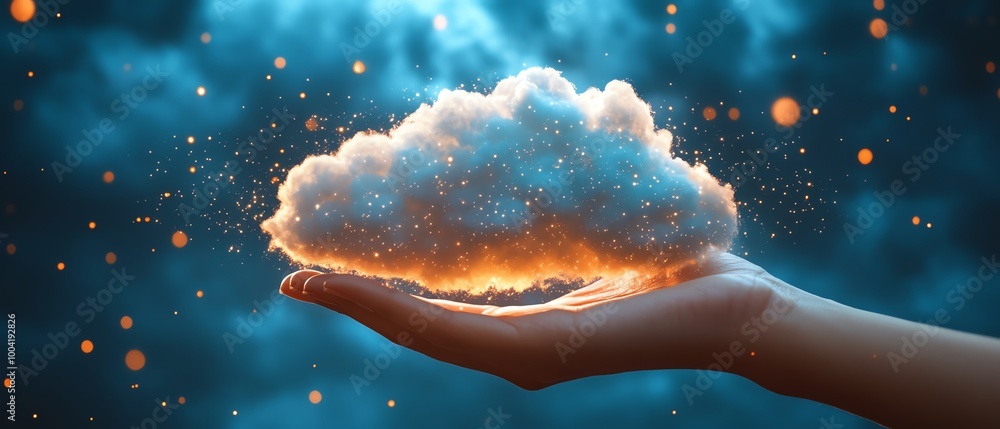 Poster virtual cloud held by a hand, representing the growing trend of digital transformation as businesses