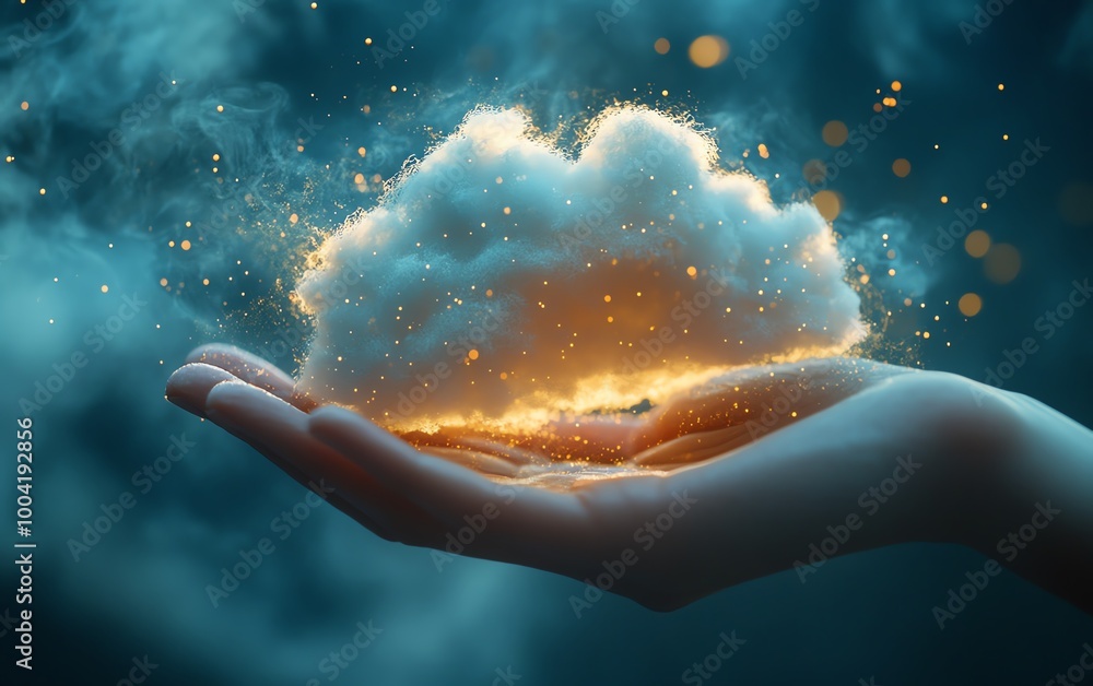 Poster virtual cloud held in a persons hand, representing the rapid digital transformation and adoption of 