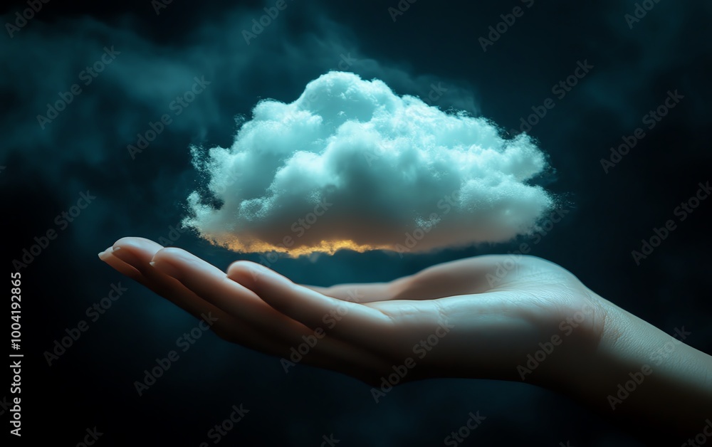 Poster Virtual cloud held in a persons hand, representing the rapid digital transformation and adoption of cloud solutions to streamline business operations