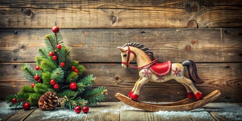 Rustic wooden rocking horse Christmas card with old nostalgic charm for holiday greeting