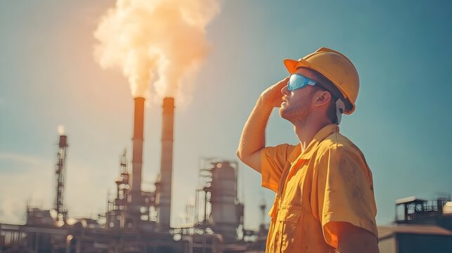 Industrial worker sweating under the scorching sun in heat waves concept
