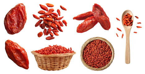 Dried Goji berry berries, chinese wolfberry wolfberries fruit herb, many angles view side top front pile spoon basket isolated on transparent background cutout, PNG. Mockup template for artwork design