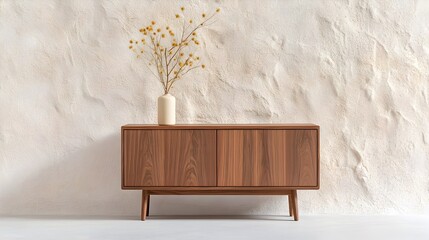 Minimalist and Sleek Wooden Sideboard with Textured Wall Backdrop in Modern Interior