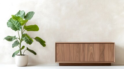 Handcrafted Walnut Sideboard in Modern Minimalist Interior with Textured Wall