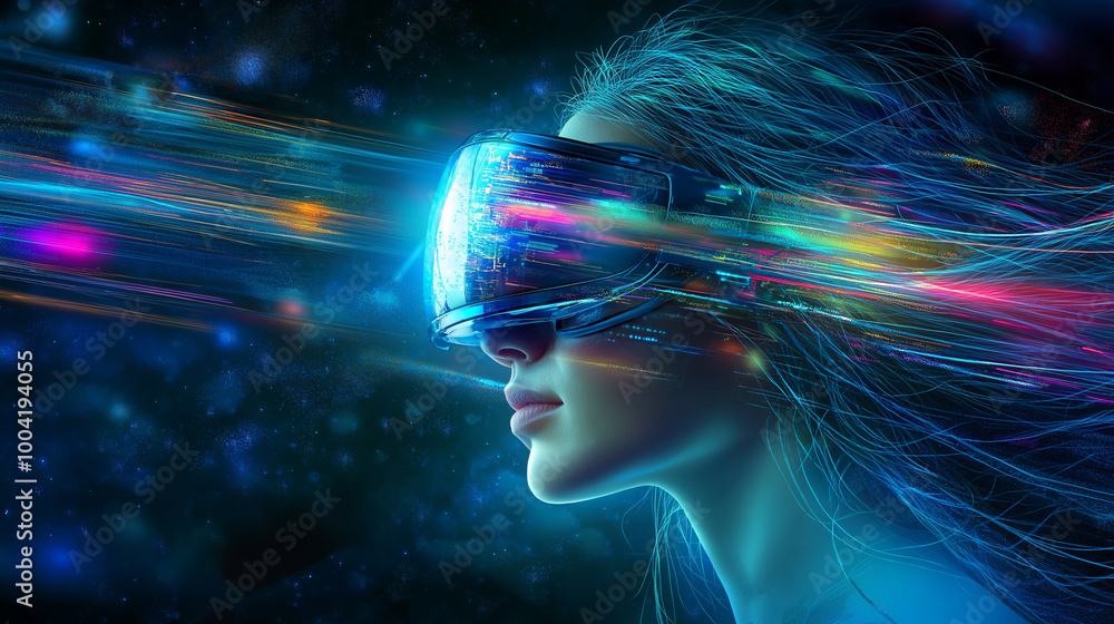 Poster girl in hi-tech vr glasses with elements of artificial intelligence. background in a high-tech style