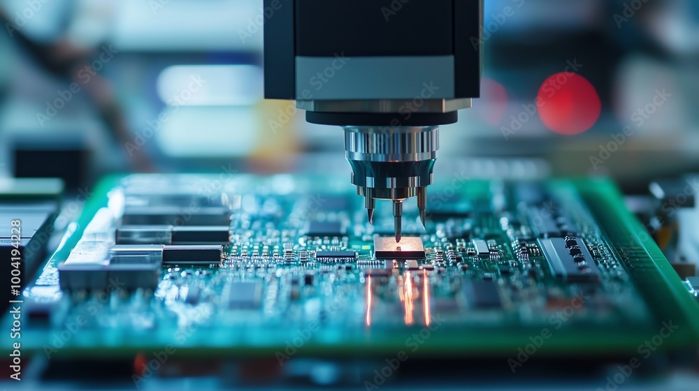 Poster close-up view of a precision machine inspecting a circuit board during advanced electronics manufact