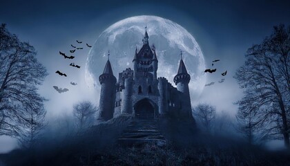 Fototapeta premium Spooky haunted castle with full moon, ghosts, bats, perfect for Halloween or horror-themed projects