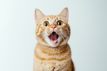 Obraz premium Ginger cat with an open mouth shows surprise in a studio against a clean white background