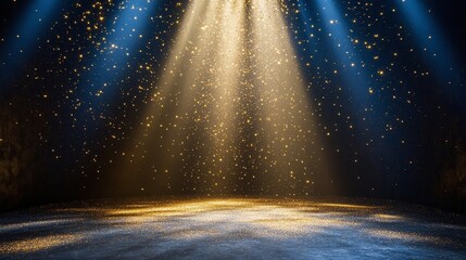 A lavish illustration of a gilded stage featuring sparkling lighting and shimmering bokeh effects.