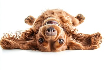 Naklejka premium Photo of a happy English Cocker Spaniel puppy playing, shown from above in a top-down view on a white background