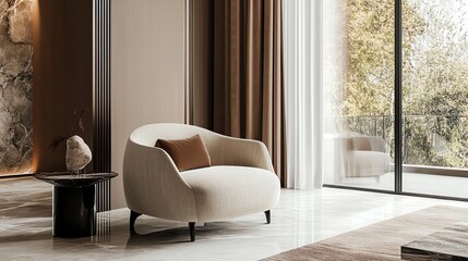 A living room with a beige armchair and a large window overlooking a backyard with trees.